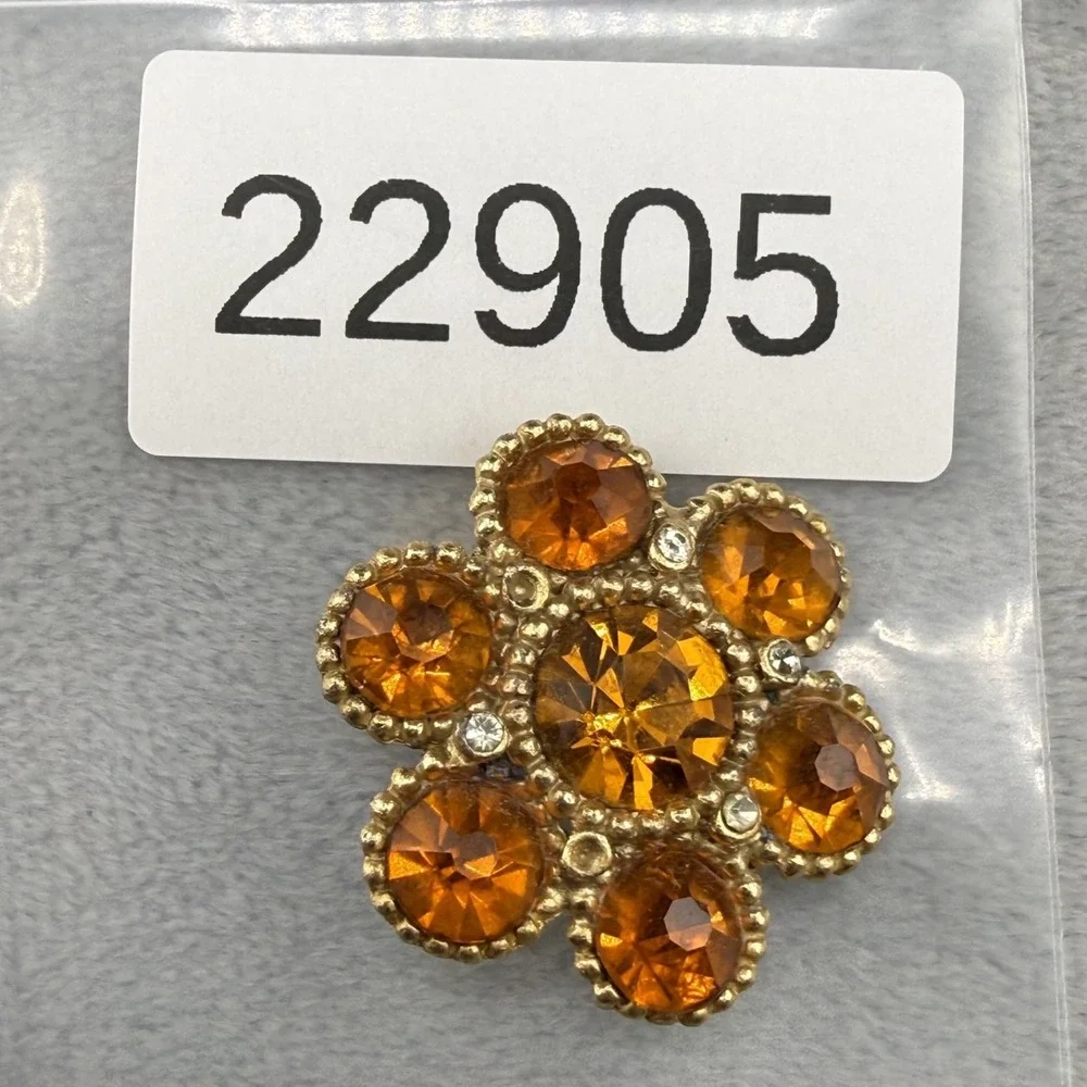 Vintage Estate Brooch Gold Orange Rhinestone Flower Floral Pin